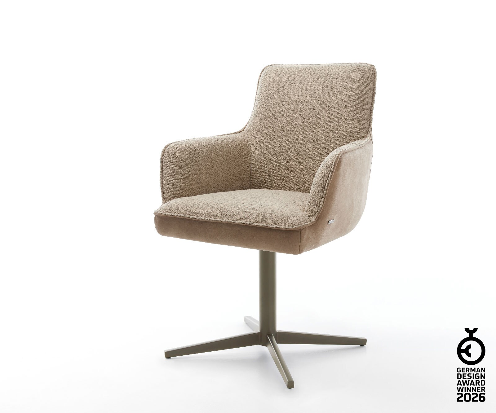 Chaise-pivotante Heira-Flex avec accoudoirs tissu mixte couleur boue pied de chaise 4 branches aspect titane pivotement sur 360° ressorts ensachés
